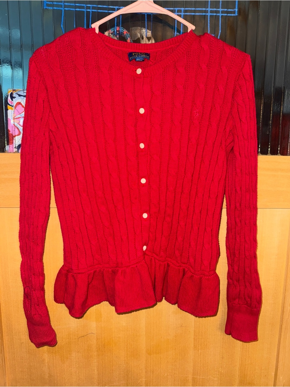 Ralph Lauren Girls Long Cable Sweater Pullover Red Holiday Girl's Size 16
